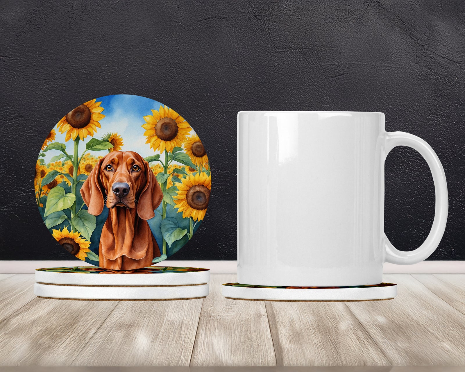 Caroline's Treasures Redbone Coonhound in Sunflowers Large Sandstone Coasters Pack of 4