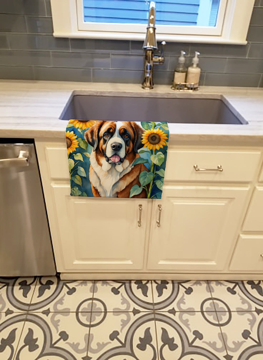 Buy this Saint Bernard in Sunflowers Kitchen Towel