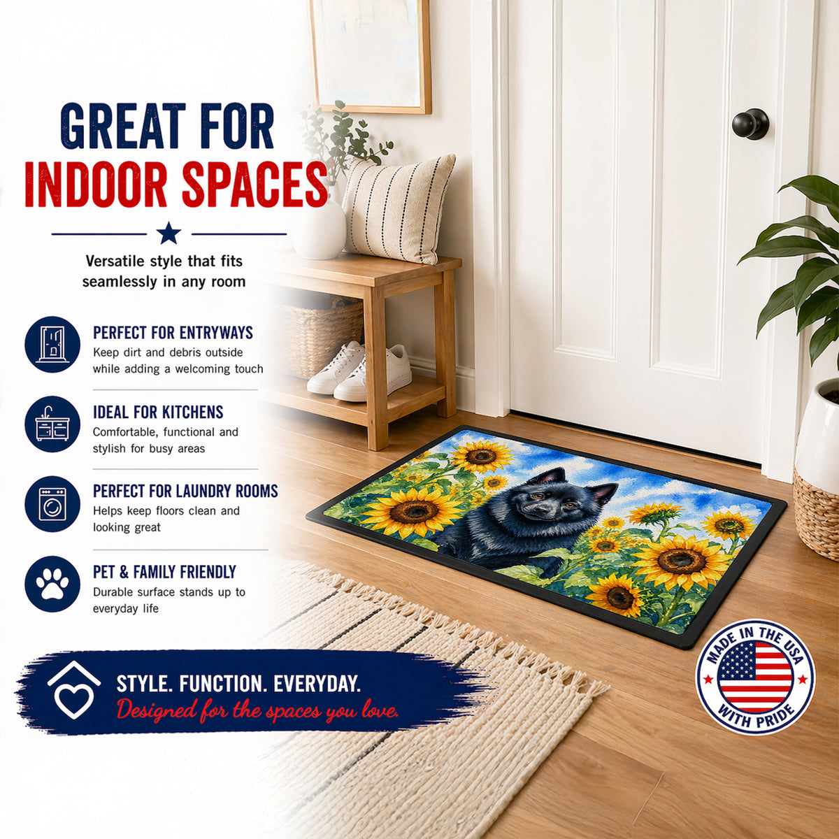 Caroline's Treasures Schipperke in Sunflowers Doormat Front Door Mat Indoor Outdoor Rugs for Entryway, Non Slip Washable Low Pile, 24H X 36W