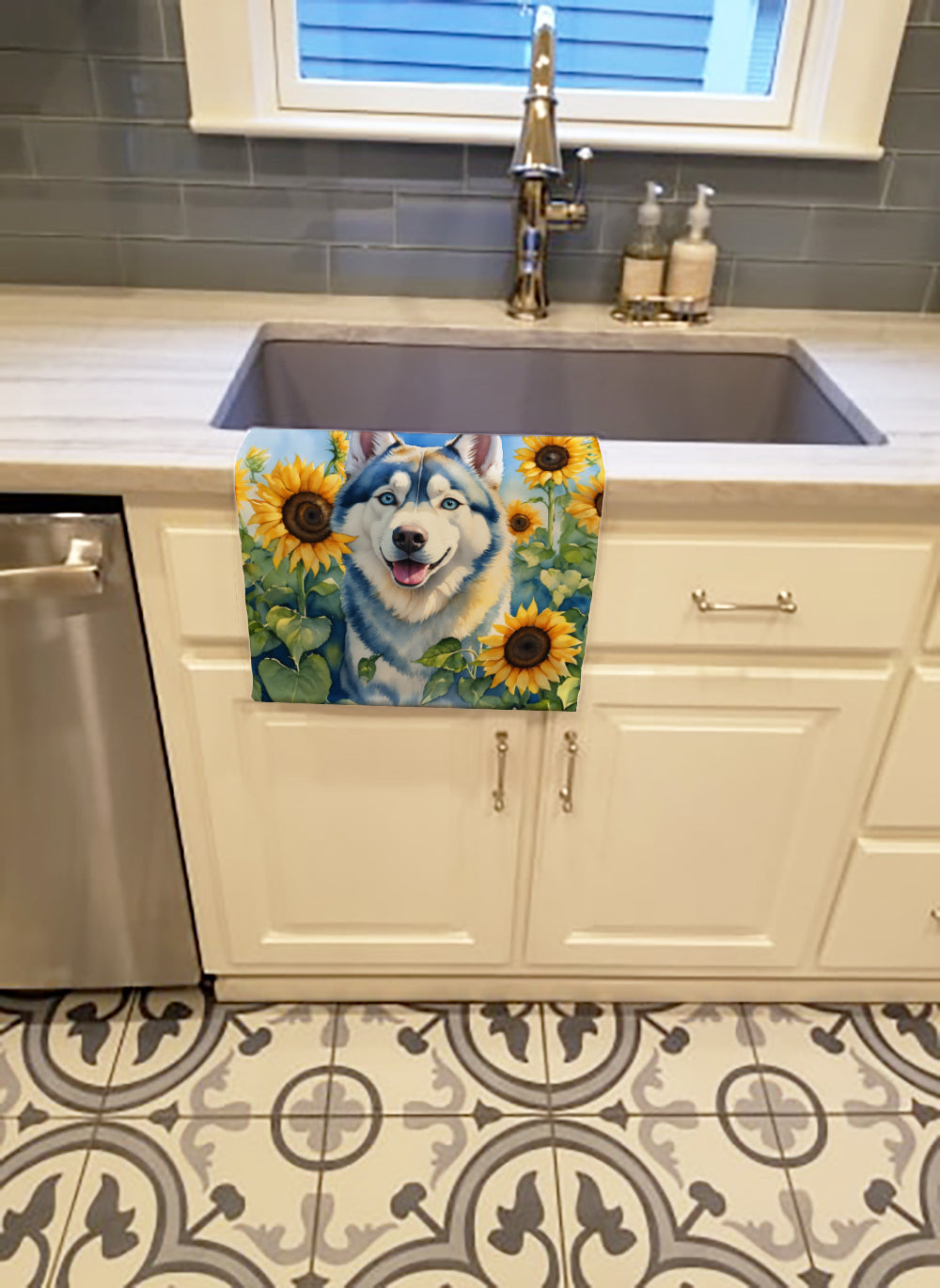 Siberian Husky in Sunflowers Kitchen Towel