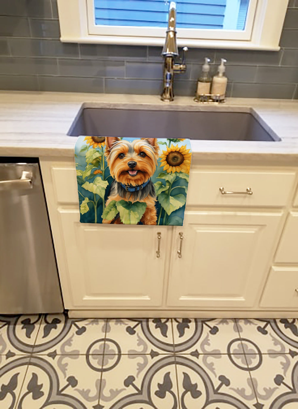 Silky Terrier in Sunflowers Kitchen Towel