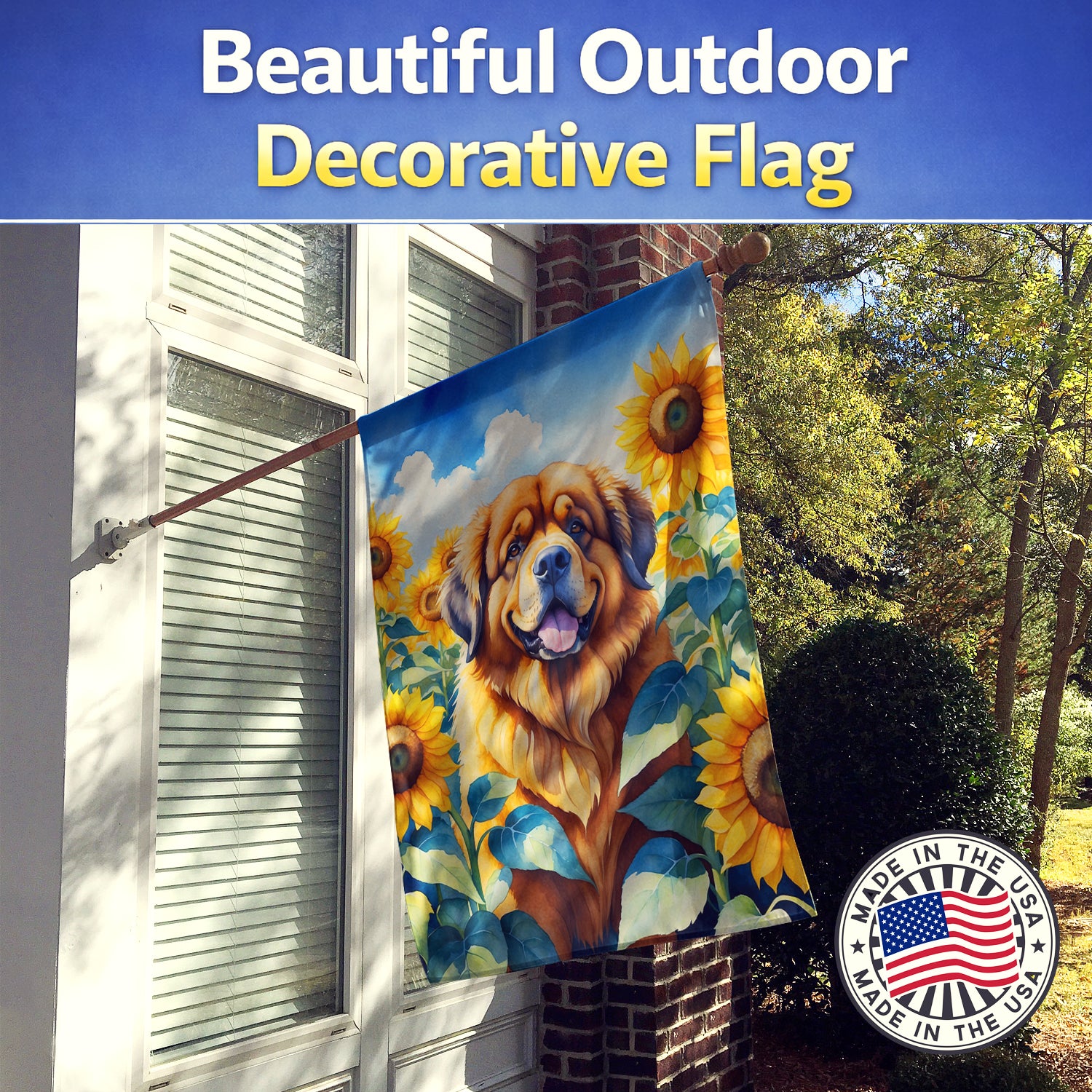 Caroline's Treasures Tibetan Mastiff in Sunflowers House Flag Large Porch Sleeve Pole Decorative Outside Yard Banner Artwork Wall Hanging, Polyester, House Size, Multicolor