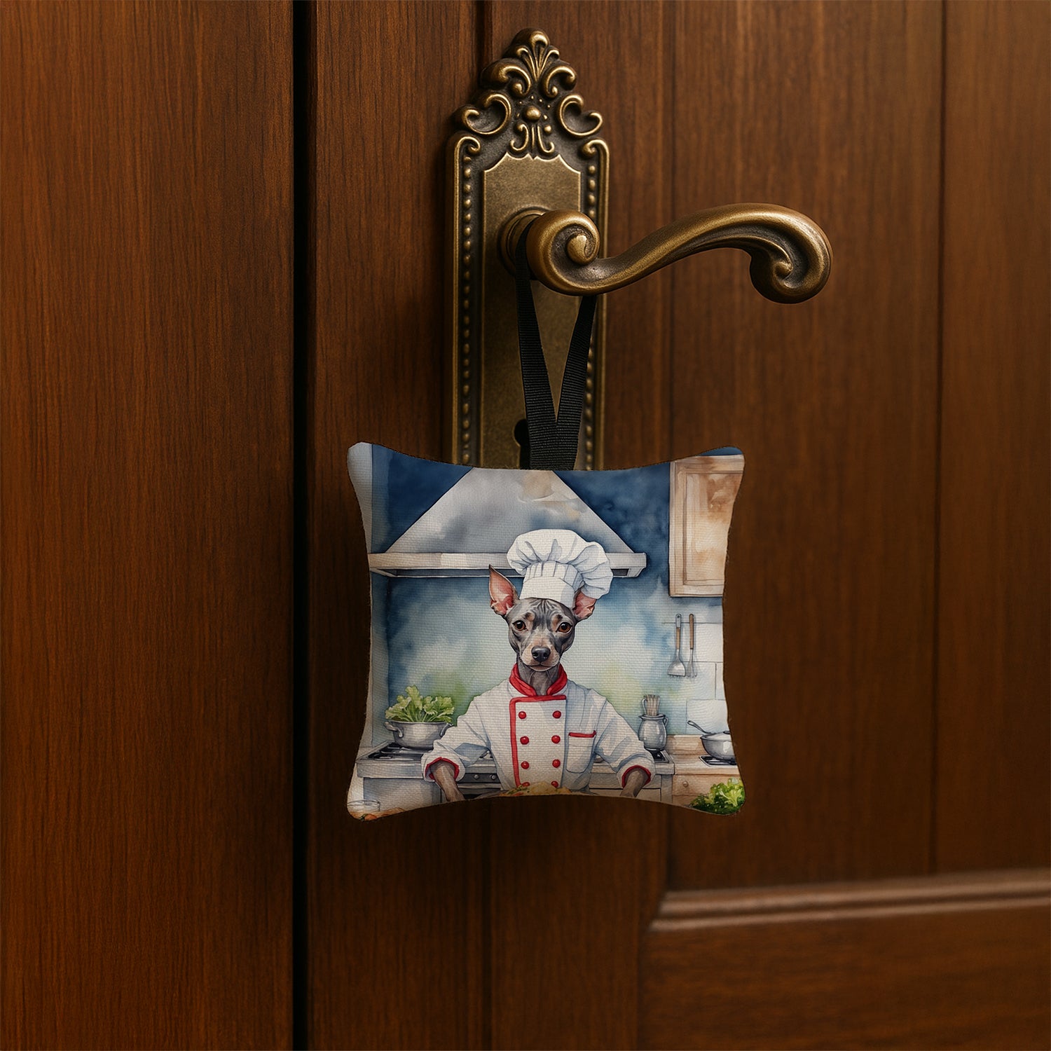 Caroline's Treasures American Hairless Terrier The Chef Hanging Square Fabric Ornament 3.5 × 3.5