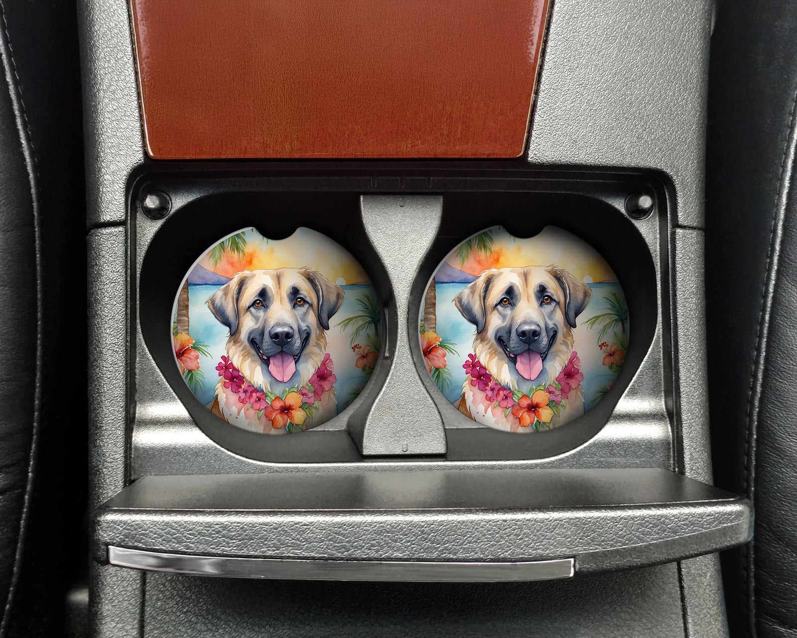 Caroline's Treasures Anatolian Shepherd Luau Car Coasters – Set of 2 - Absorbent Stone with Fun & Functional Artwork