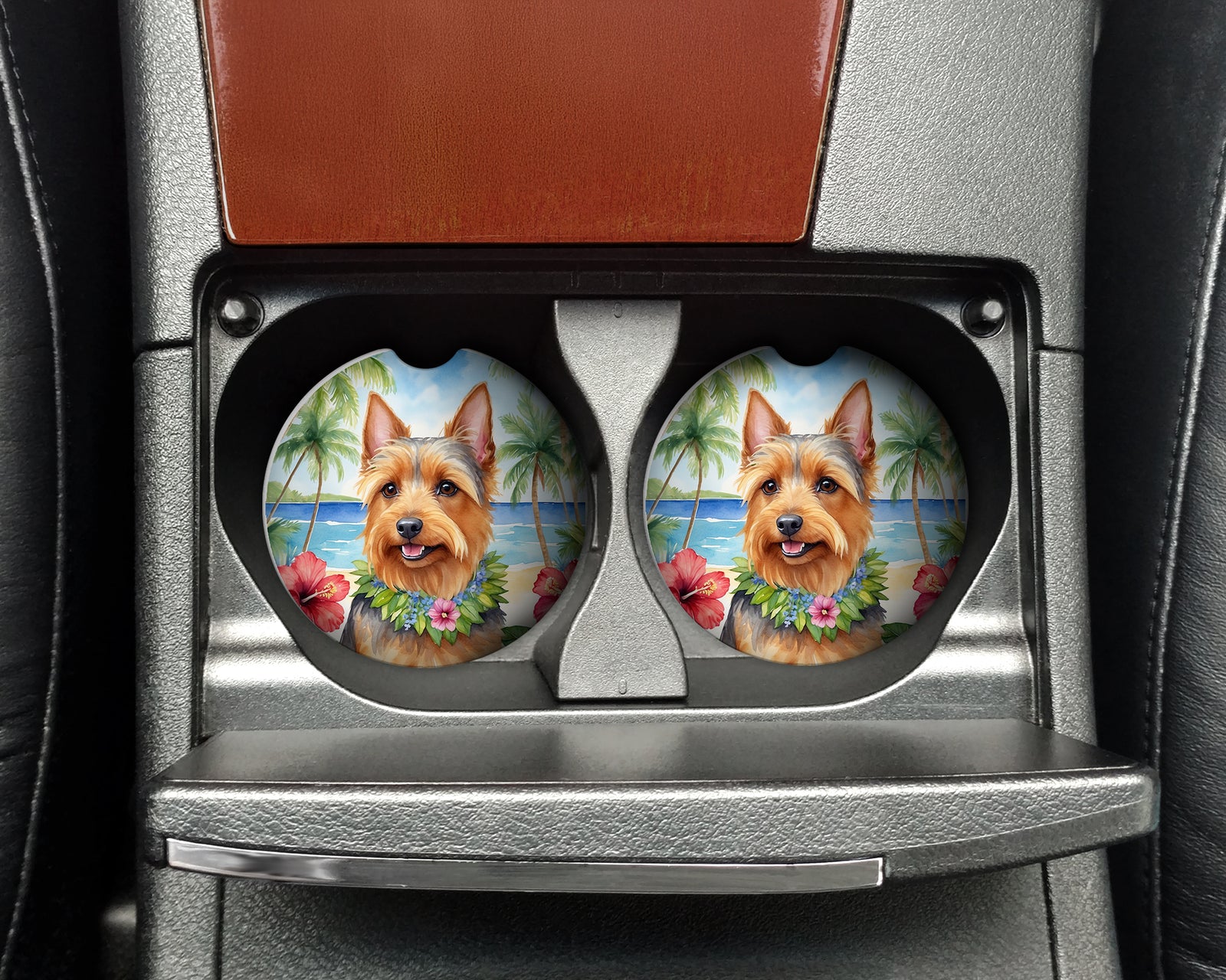 Caroline's Treasures Australian Terrier Luau Car Coasters – Set of 2 - Absorbent Stone with Fun & Functional Artwork