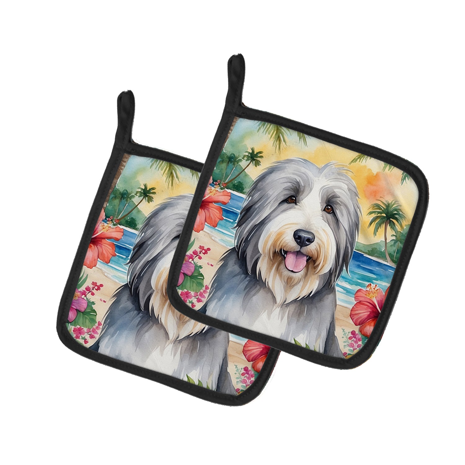 Buy this Bearded Collie Luau Pair of Pot Holders