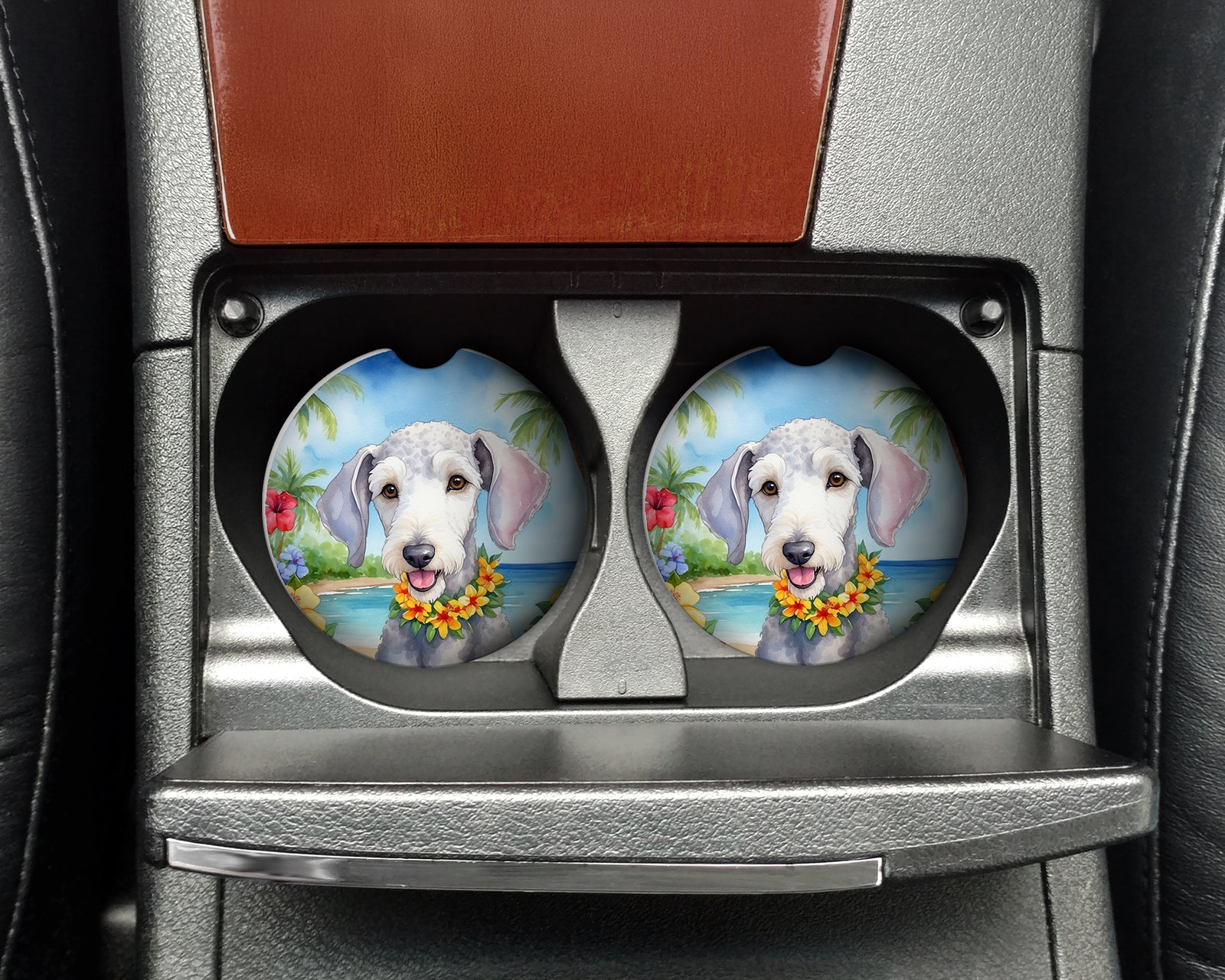 Caroline's Treasures Bedlington Terrier Luau Car Coasters – Set of 2 - Absorbent Stone with Fun & Functional Artwork