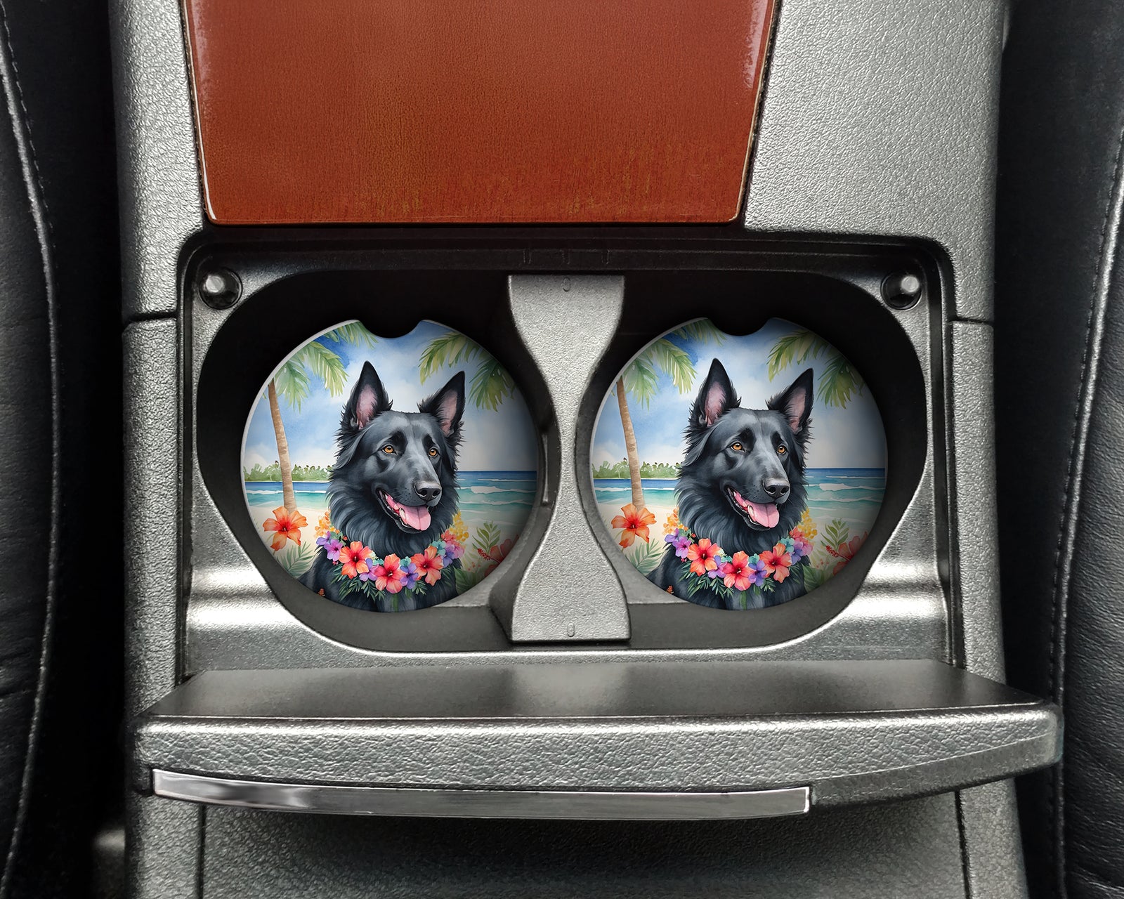 Caroline's Treasures Belgian Sheepdog Luau Car Coasters – Set of 2 - Absorbent Stone with Fun & Functional Artwork