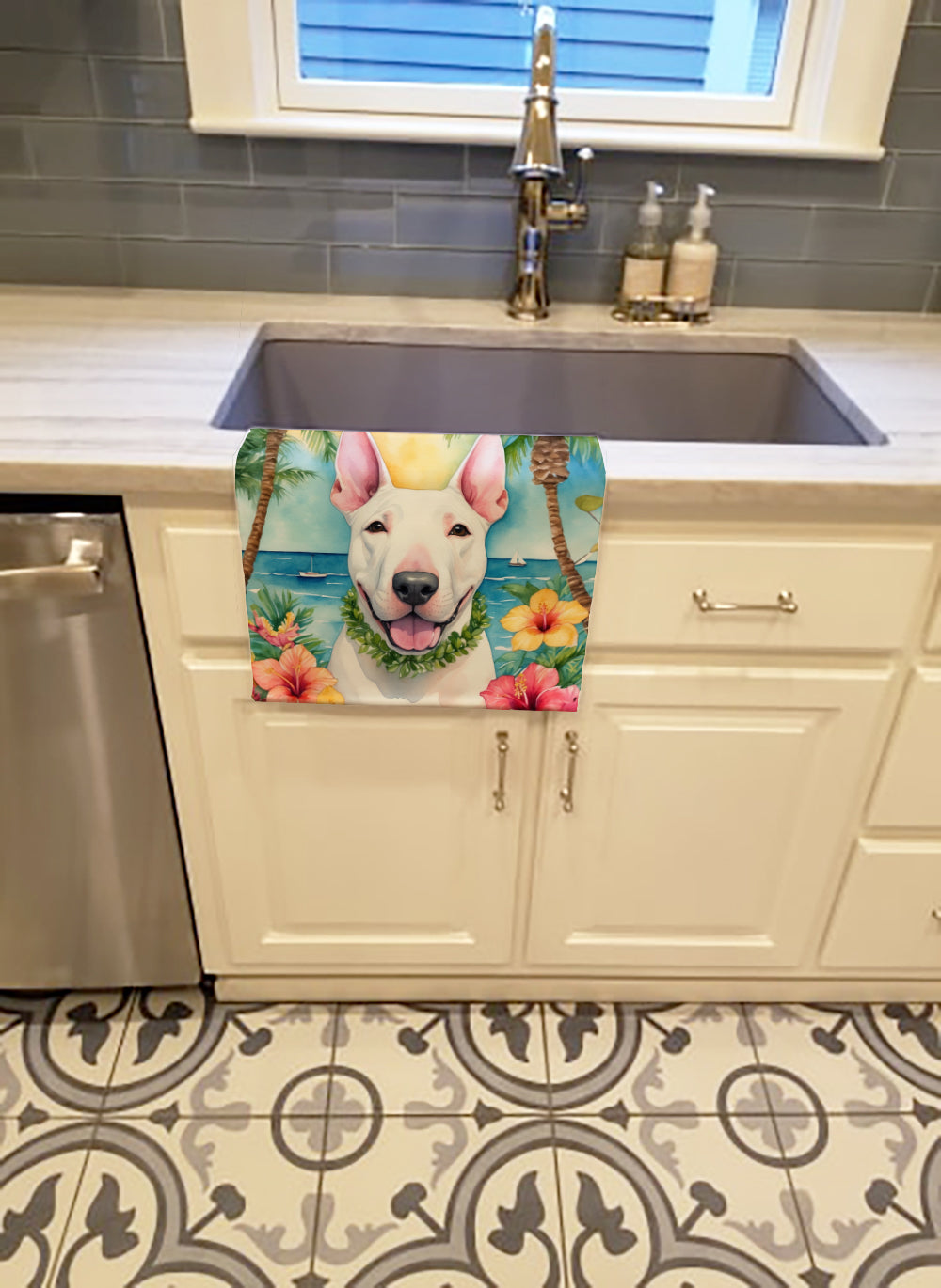 Buy this English Bull Terrier Luau Kitchen Towel
