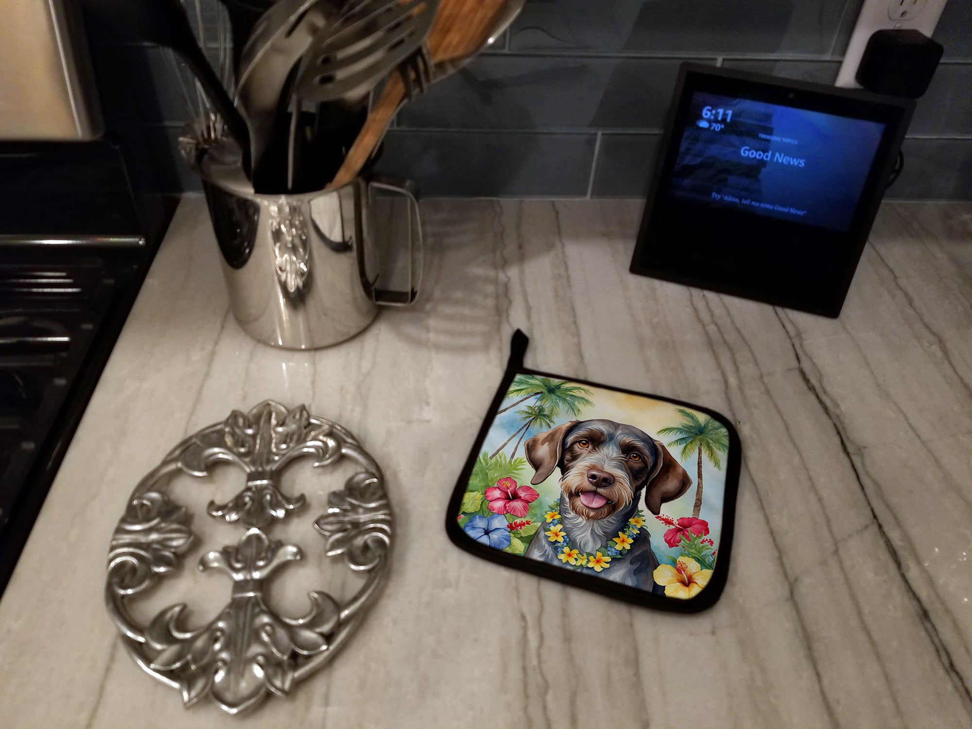German Wirehaired Pointer Luau Pair of Pot Holders