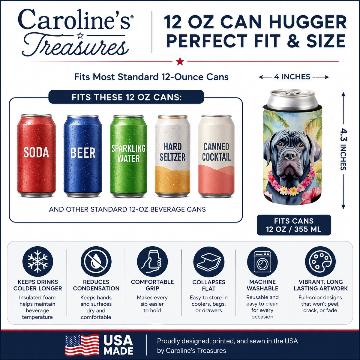 Neapolitan Mastiff Luau Can or Bottle Hugger Cooler Sleeve for Standard 12 oz Cans, Insulated Foam Beer & Soda Can Hugger Reusable