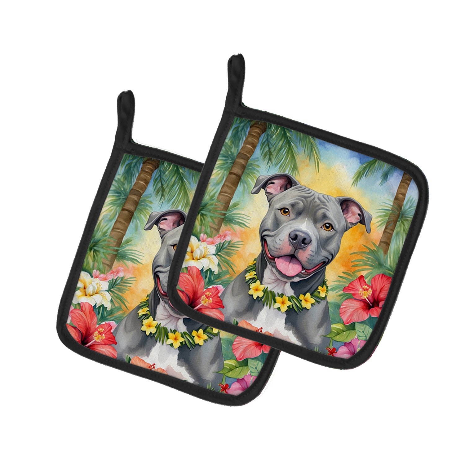 Caroline's Treasures Pit Bull Terrier Luau Pot Holders - Set of 2 Decorative Kitchen Helpers | Made in the USA