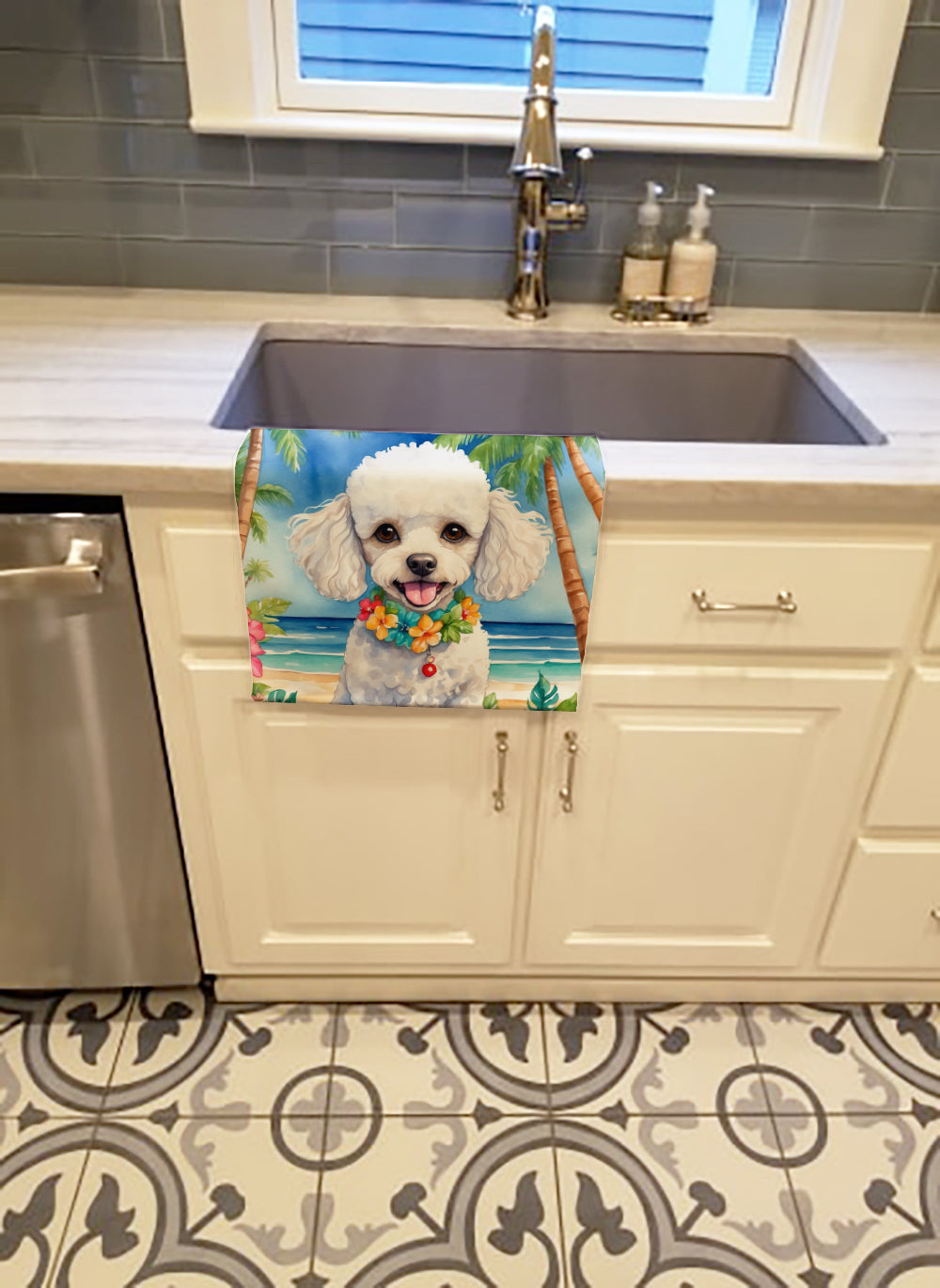 White Poodle Luau Kitchen Towel