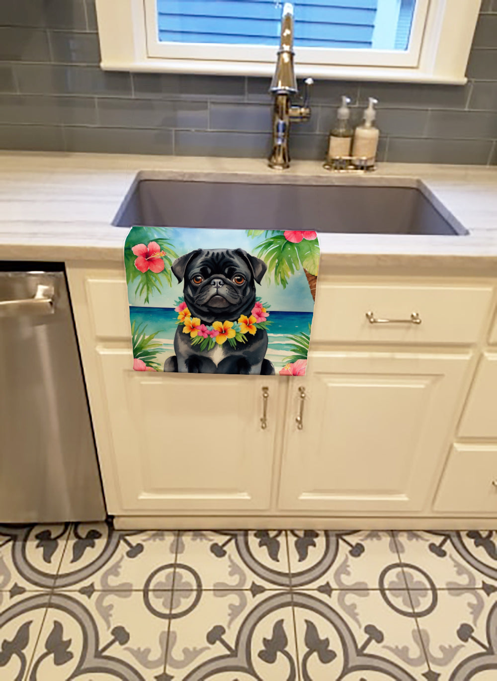 Black Pug Luau Kitchen Towel