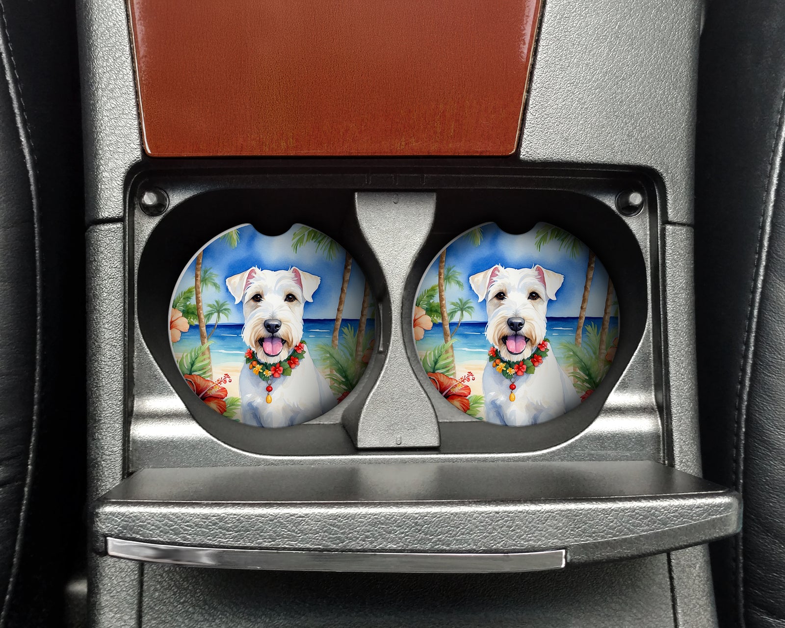 Caroline's Treasures Sealyham Terrier Luau Car Coasters – Set of 2 - Absorbent Stone with Fun & Functional Artwork