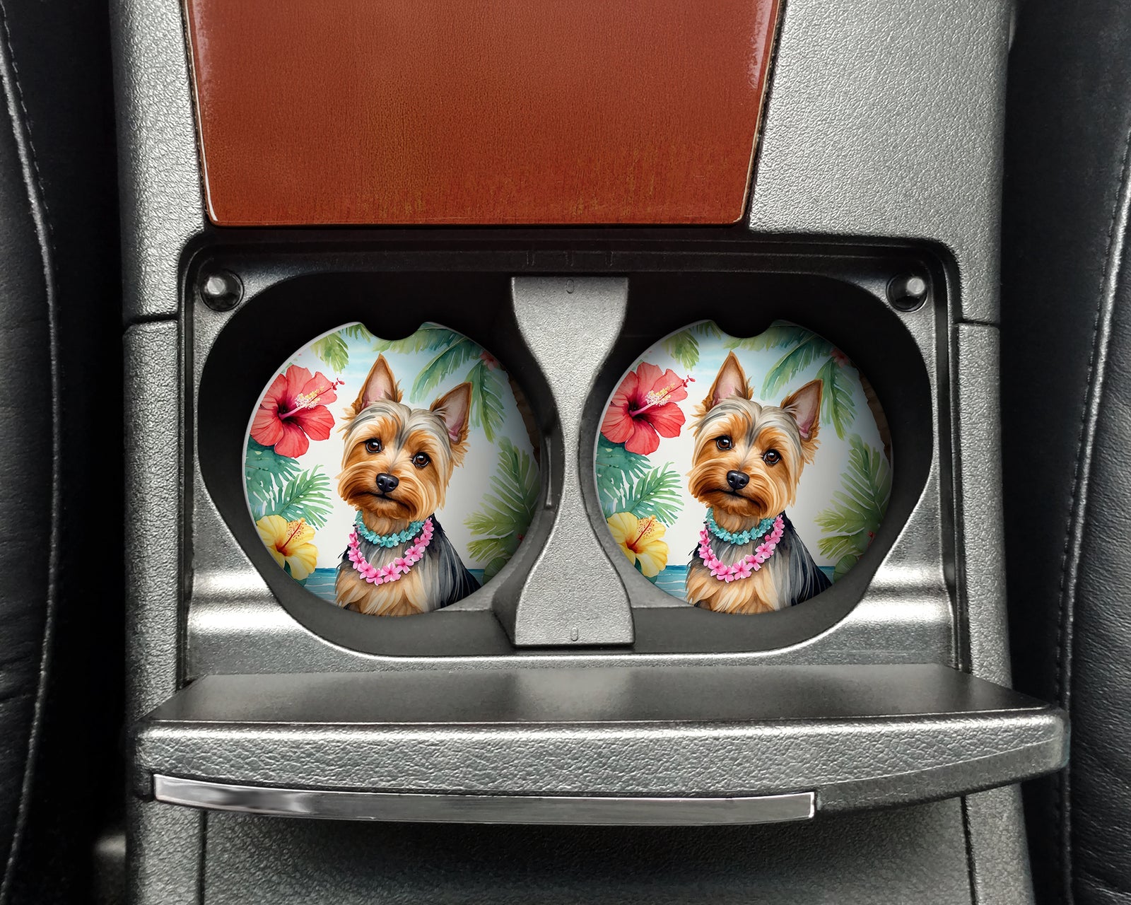 Caroline's Treasures Silky Terrier Luau Car Coasters – Set of 2 - Absorbent Stone with Fun & Functional Artwork