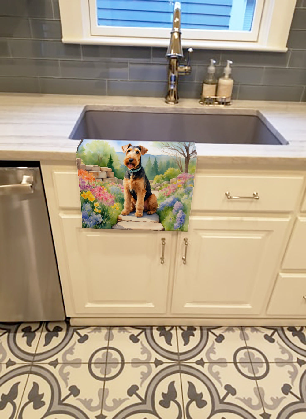 Airedale Terrier Spring Garden Kitchen Towel
