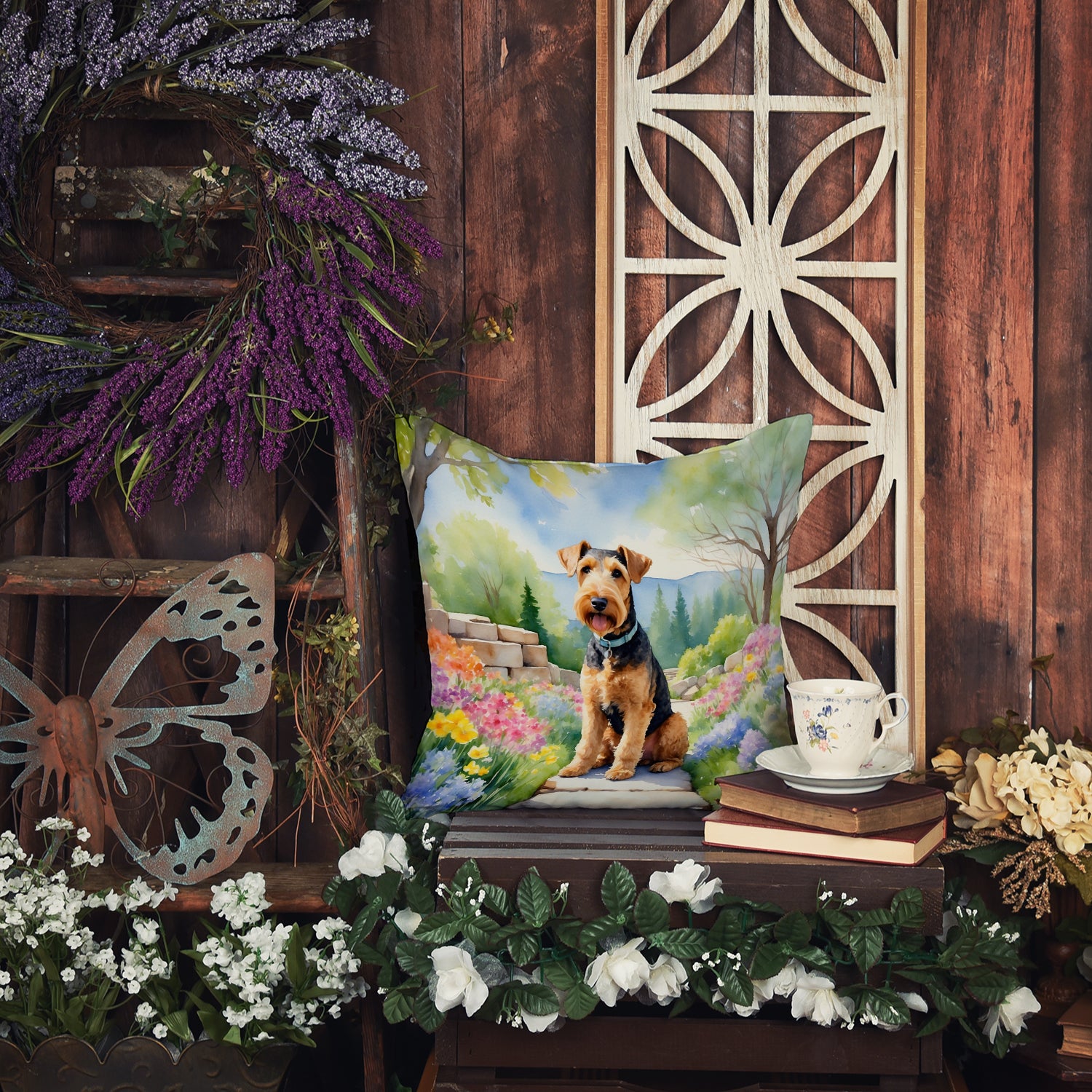 Airedale Terrier Spring Garden Throw Pillow