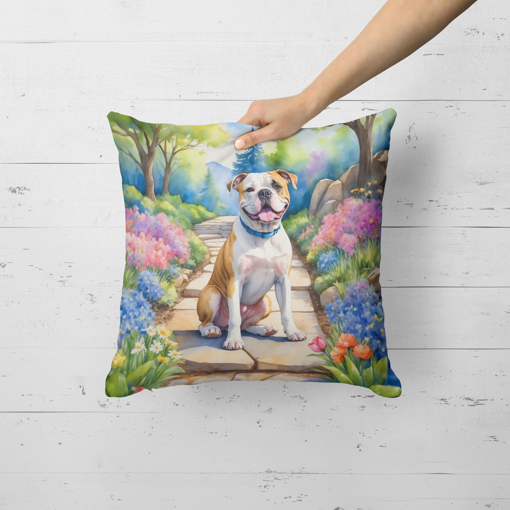 American Bulldog Spring Garden Throw Pillow