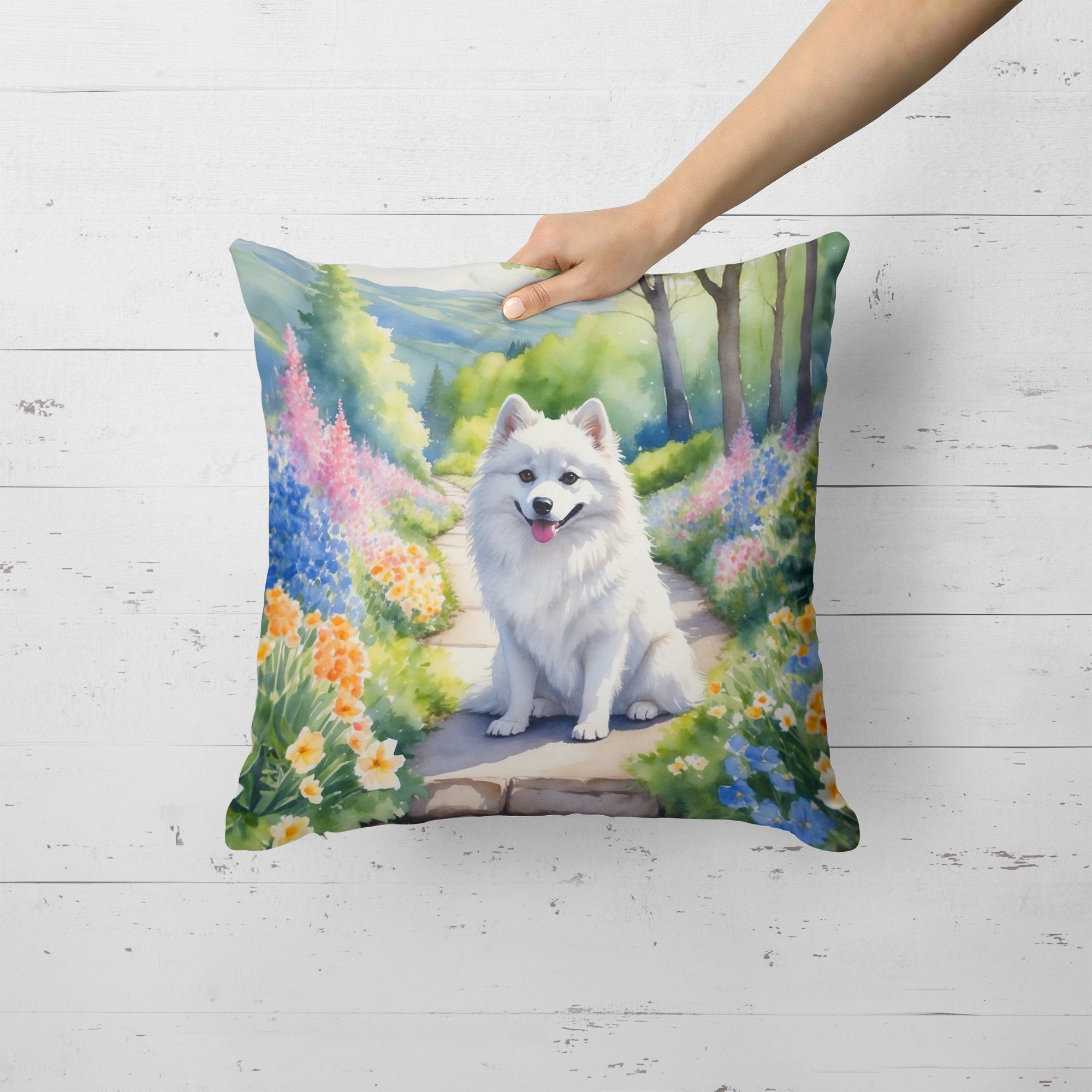 Buy this American Eskimo Spring Garden Throw Pillow