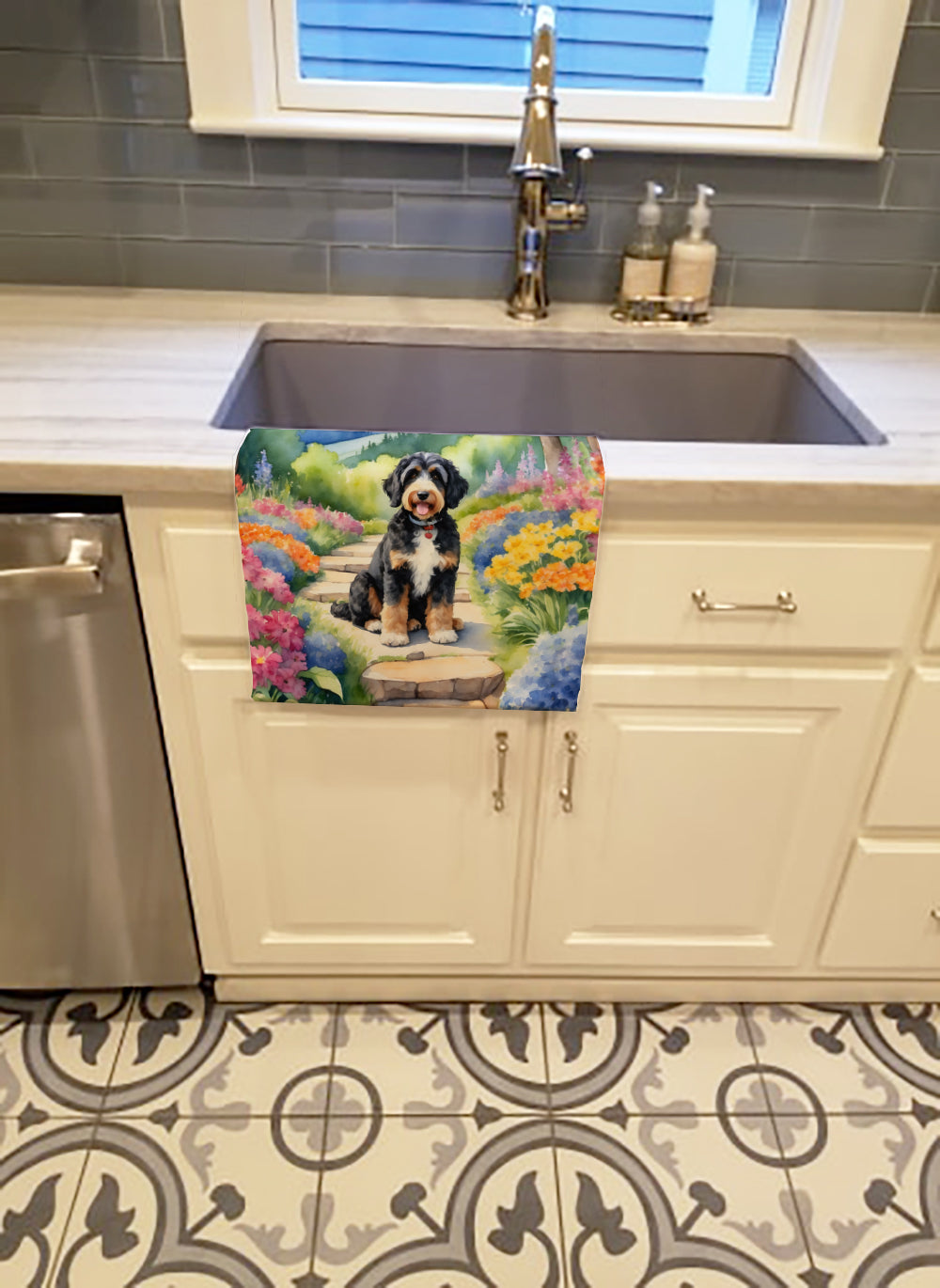 Buy this Bernedoodle Spring Path Kitchen Towel