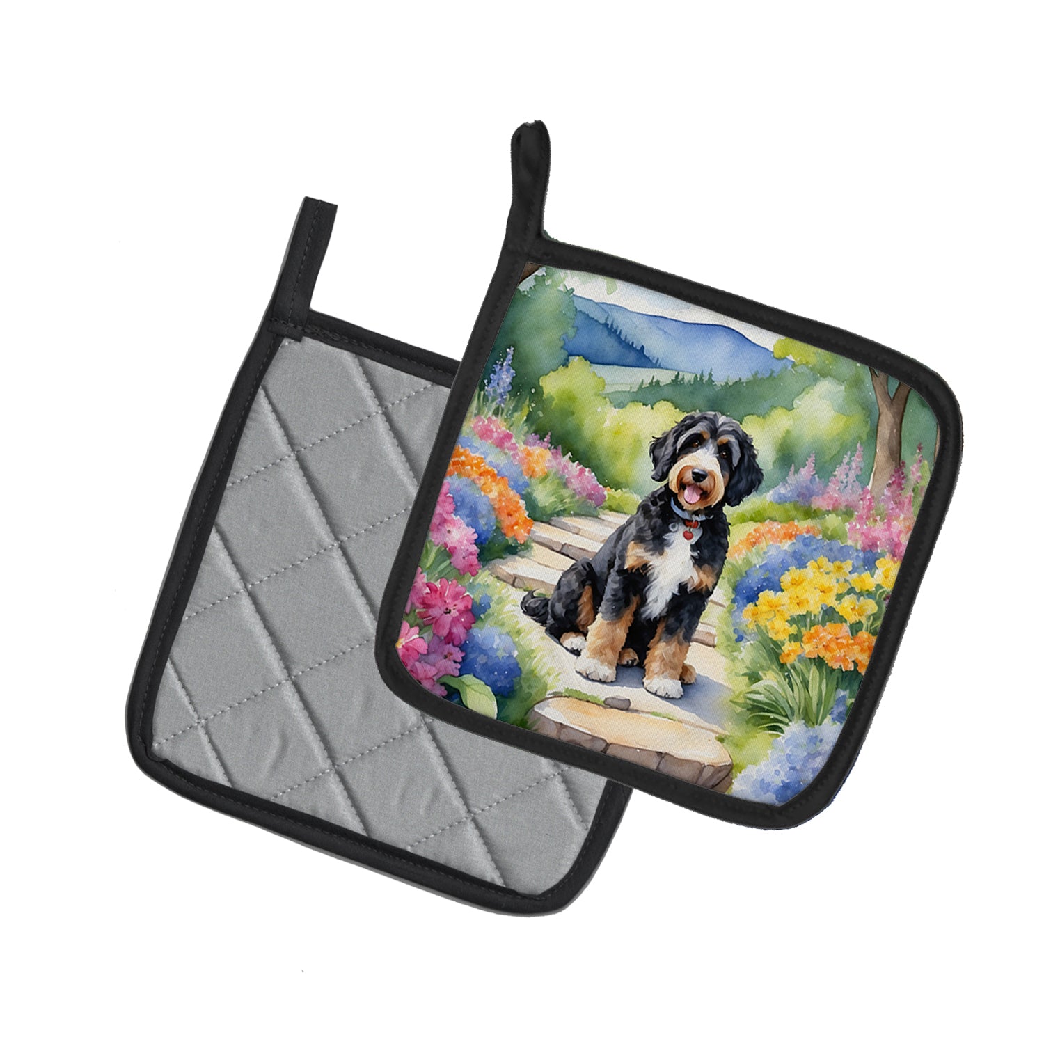 Bernedoodle Spring Path Pair of Pot Holders