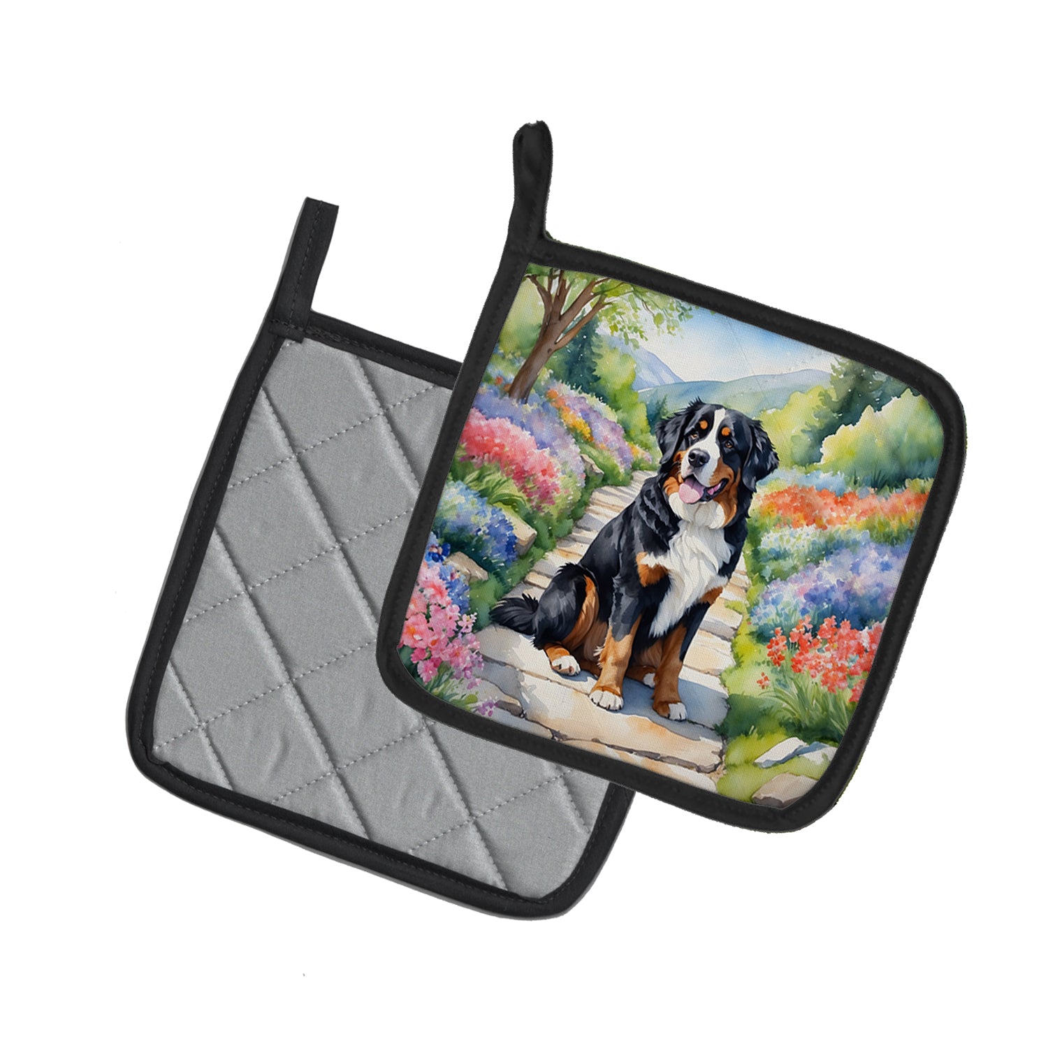 Bernese Mountain Dog Spring Path Pair of Pot Holders