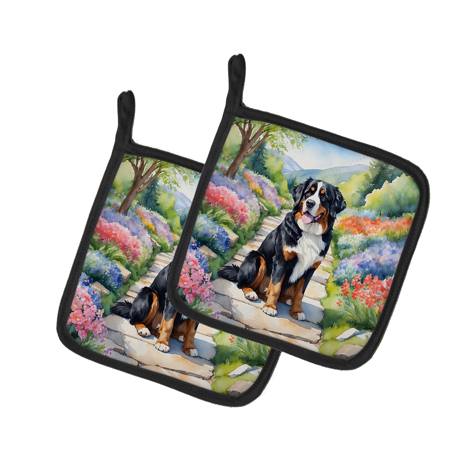 Buy this Bernese Mountain Dog Spring Path Pair of Pot Holders