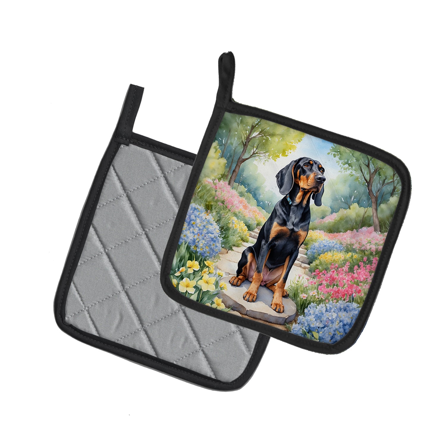 Black and Tan Coonhound Spring Path Pair of Pot Holders