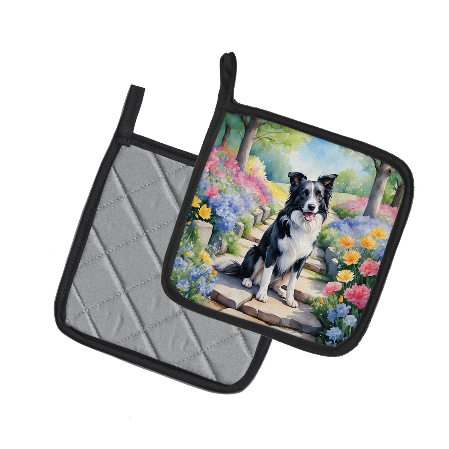 Border Collie Spring Path Pair of Pot Holders