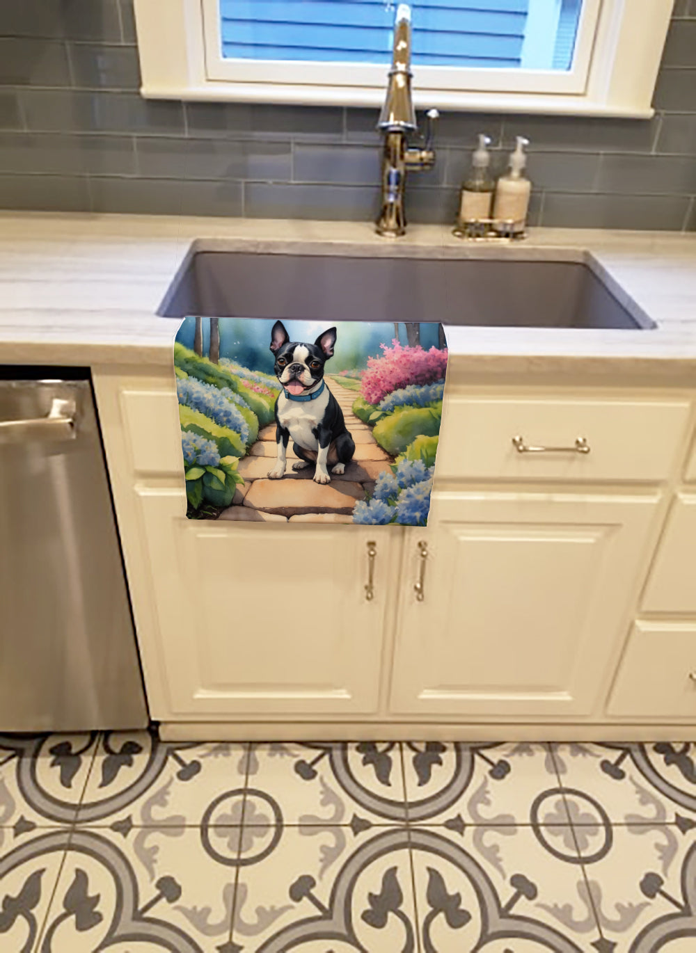 Boston Terrier Spring Path Kitchen Towel
