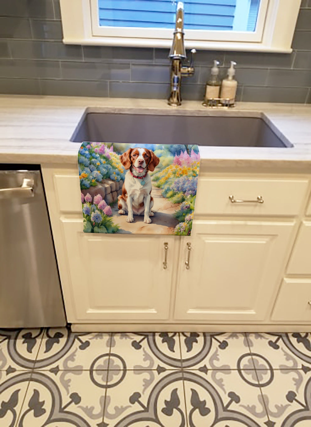 Buy this Brittany Spaniel Spring Path Kitchen Towel