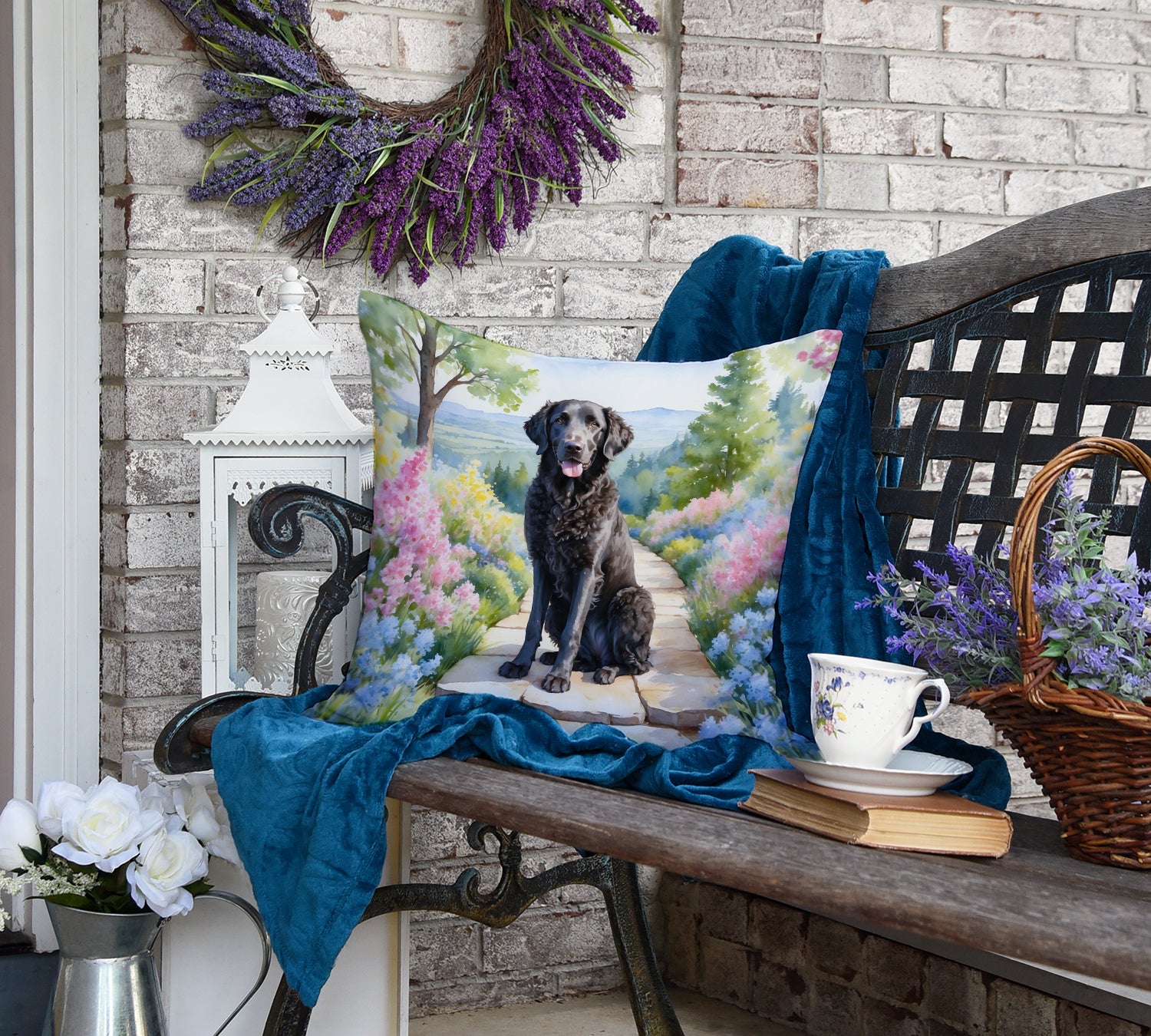 Curly-Coated Retriever Spring Path Throw Pillow