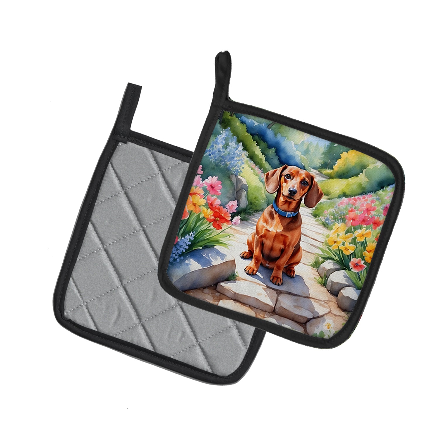 Dachshund Spring Path Pair of Pot Holders