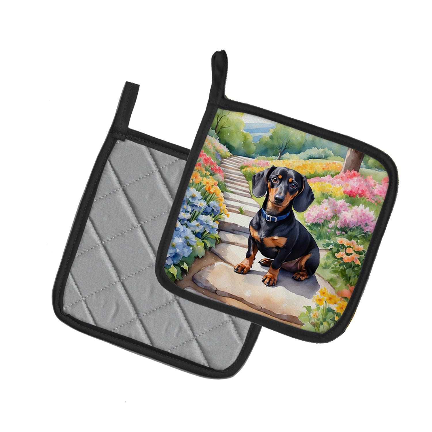 Dachshund Spring Path Pair of Pot Holders