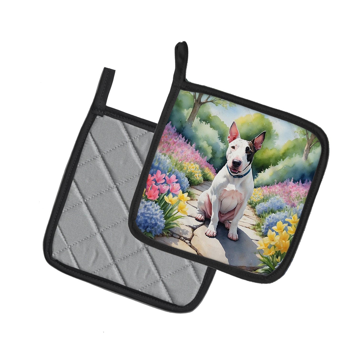 English Bull Terrier Spring Path Pair of Pot Holders