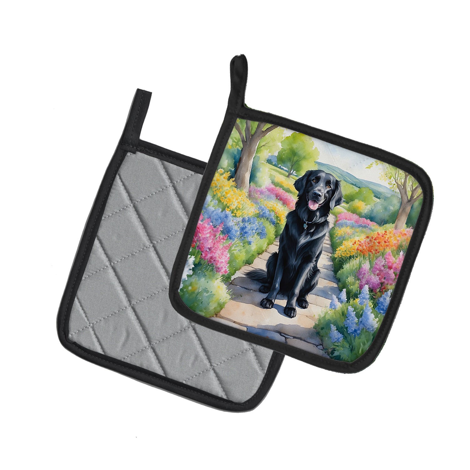 Flat-Coated Retriever Spring Path Pair of Pot Holders