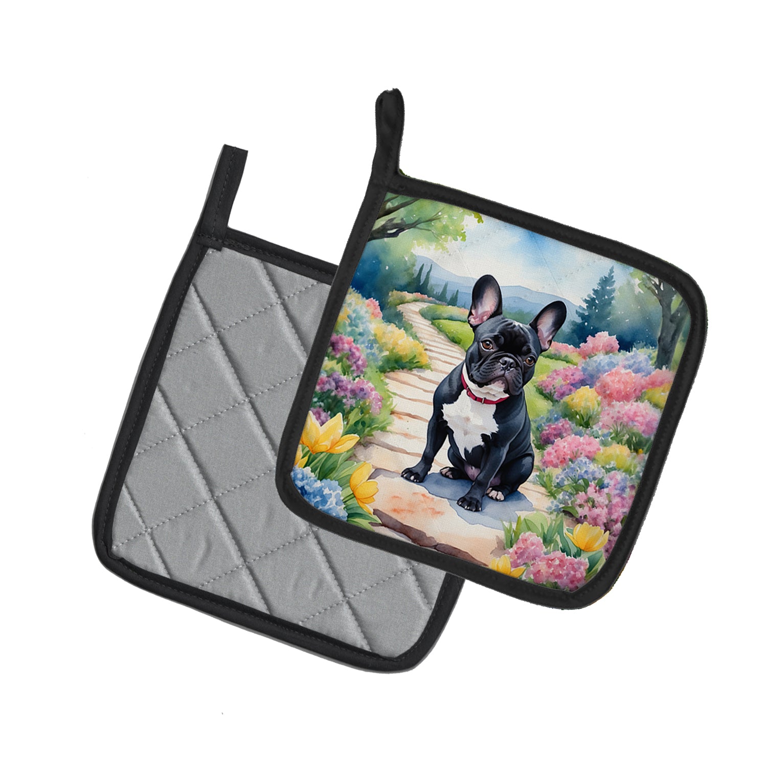 French Bulldog Spring Path Pair of Pot Holders
