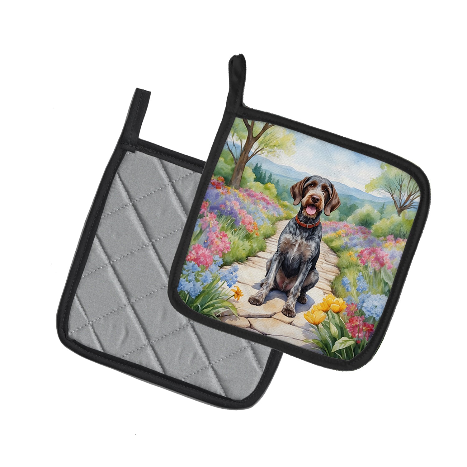German Wirehaired Pointer Spring Path Pair of Pot Holders