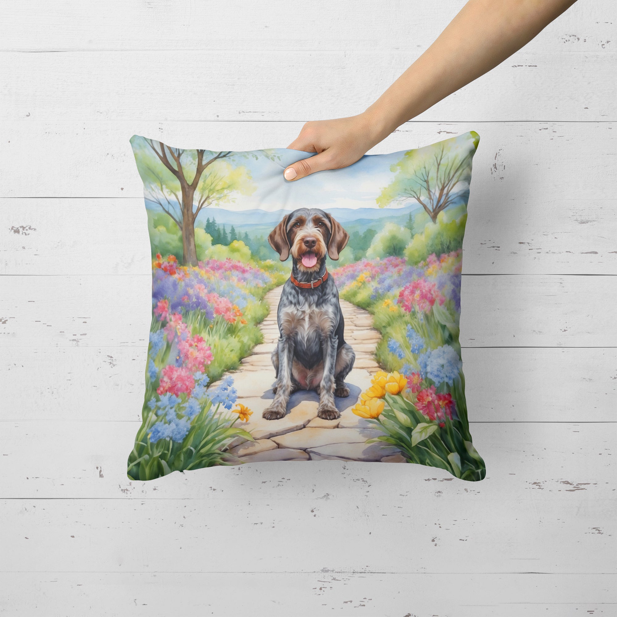 German Wirehaired Pointer Spring Path Throw Pillow