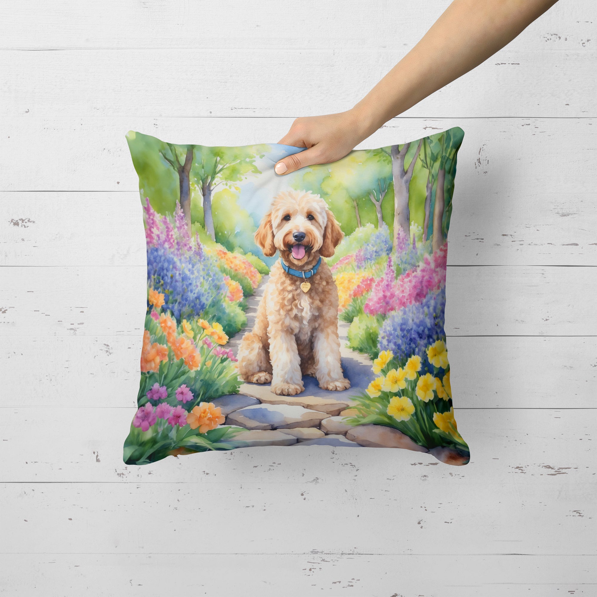 Buy this Goldendoodle Spring Path Throw Pillow