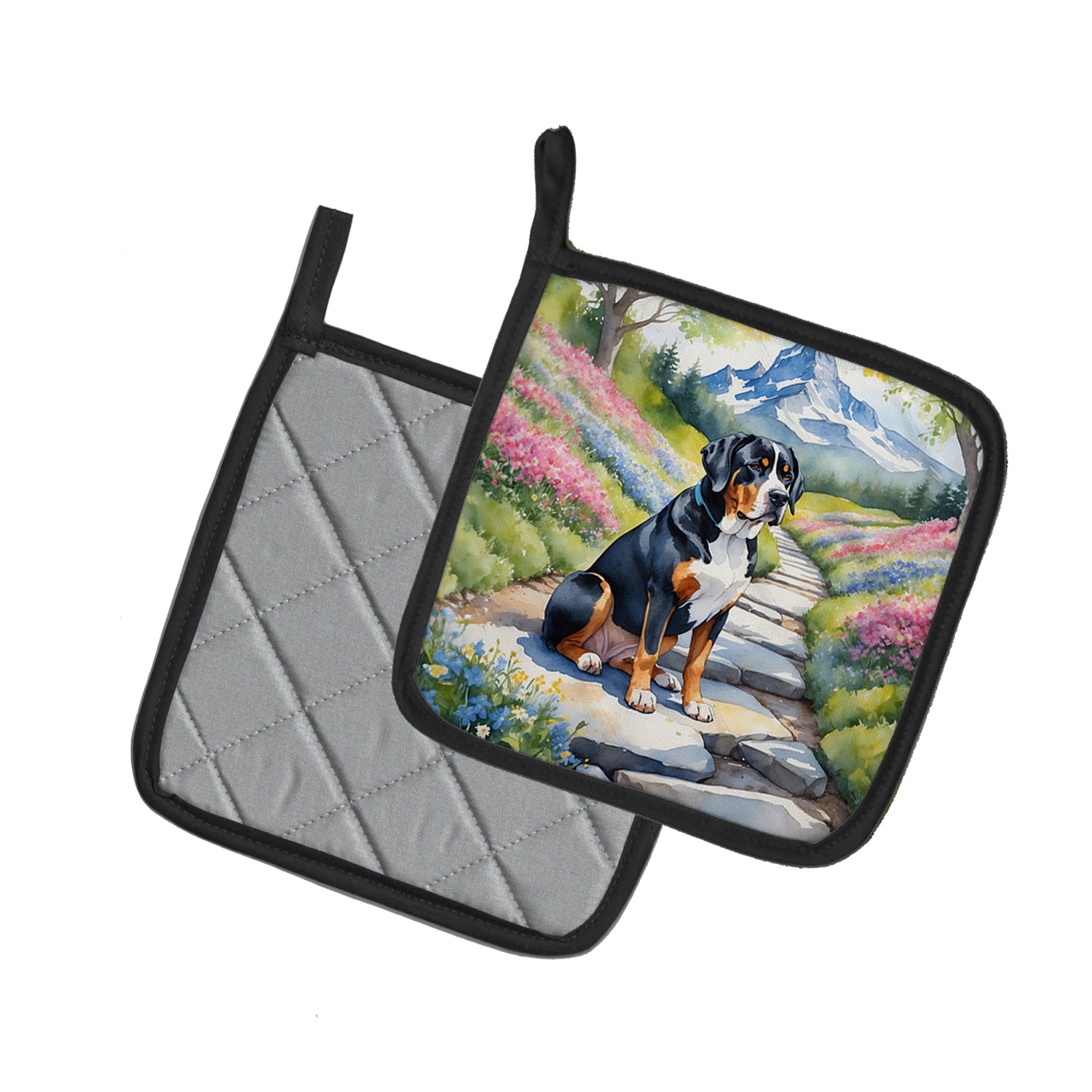 Greater Swiss Mountain Dog Spring Path Pair of Pot Holders