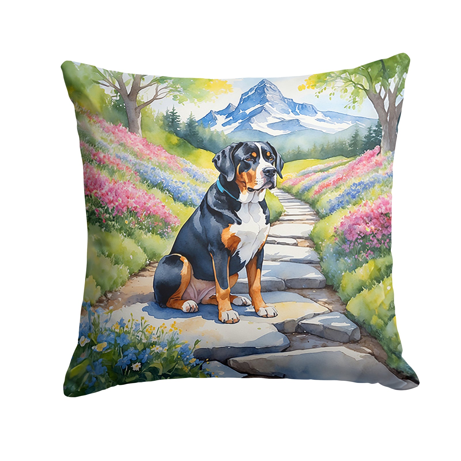 Buy this Greater Swiss Mountain Dog Spring Path Throw Pillow