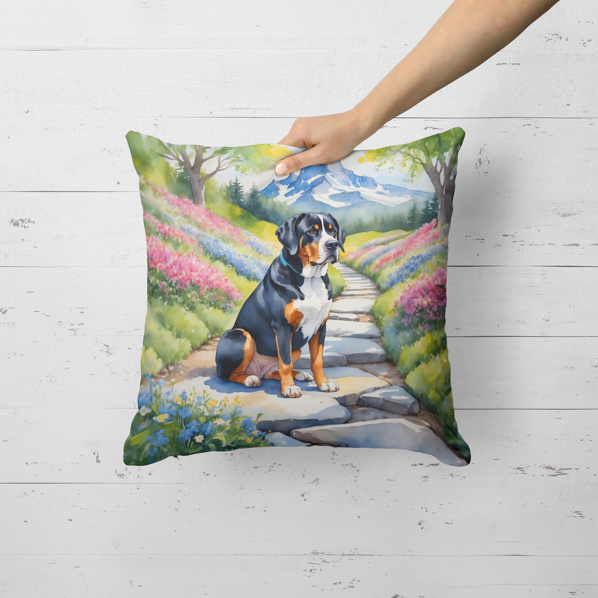 Greater Swiss Mountain Dog Spring Path Throw Pillow