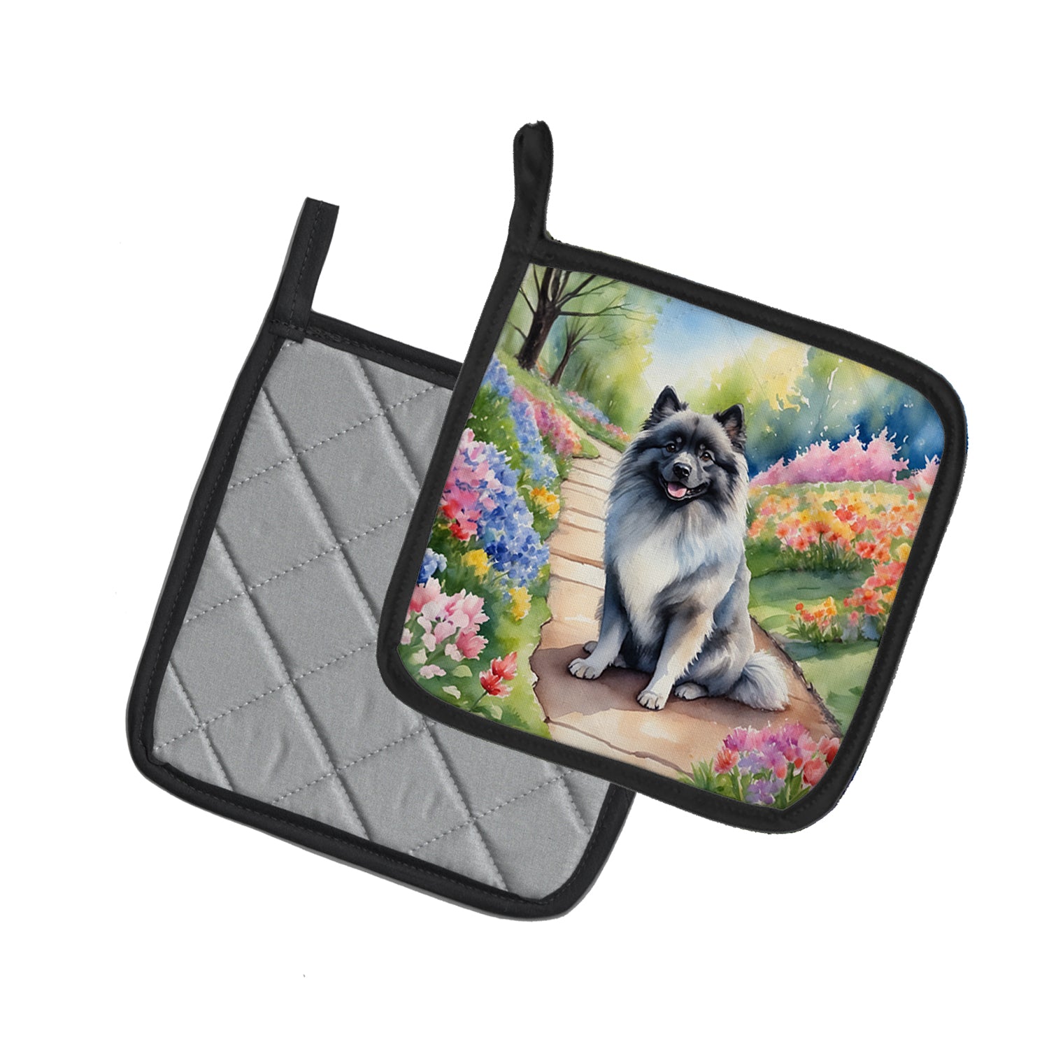Keeshond Spring Path Pair of Pot Holders