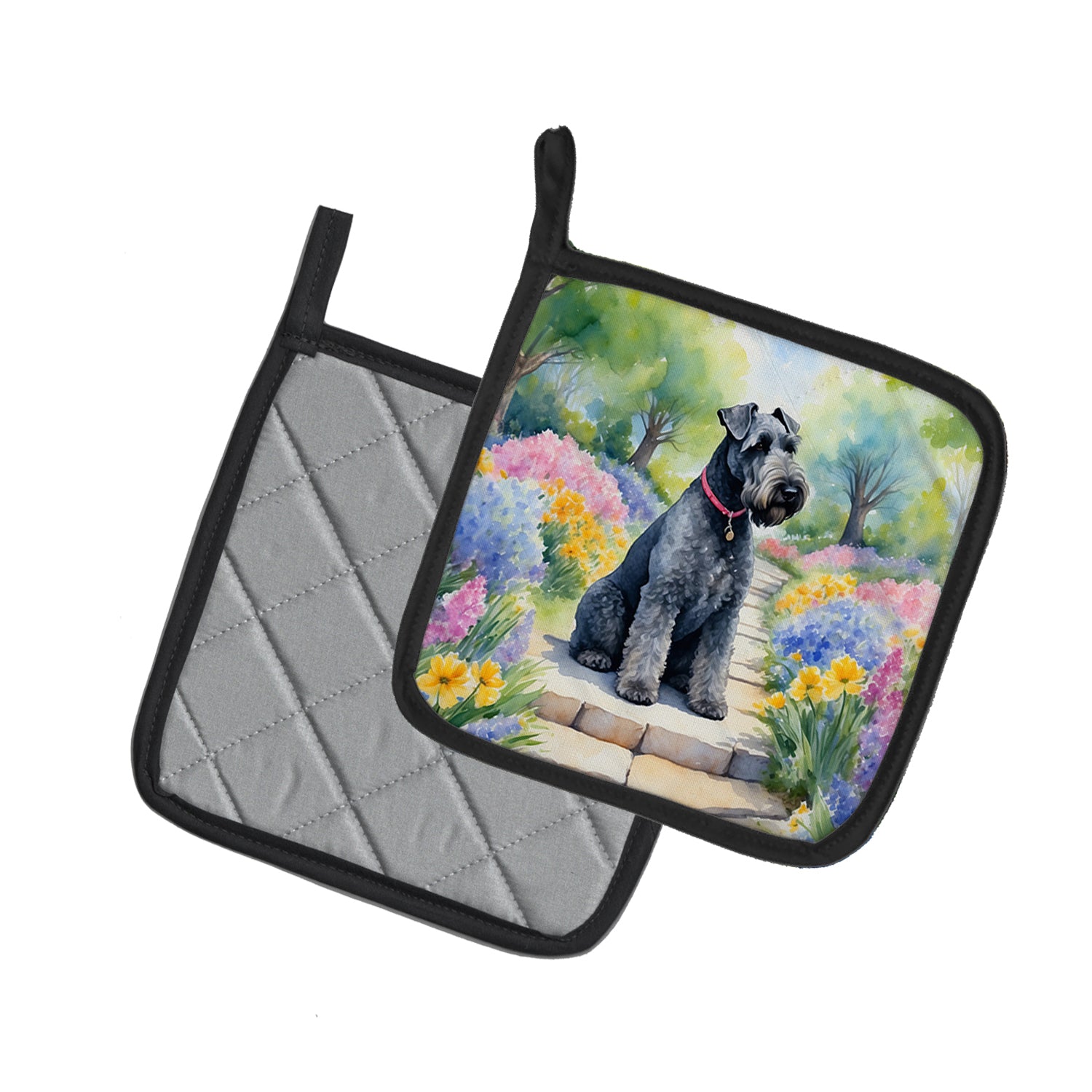 Kerry Blue Terrier Spring Path Pair of Pot Holders