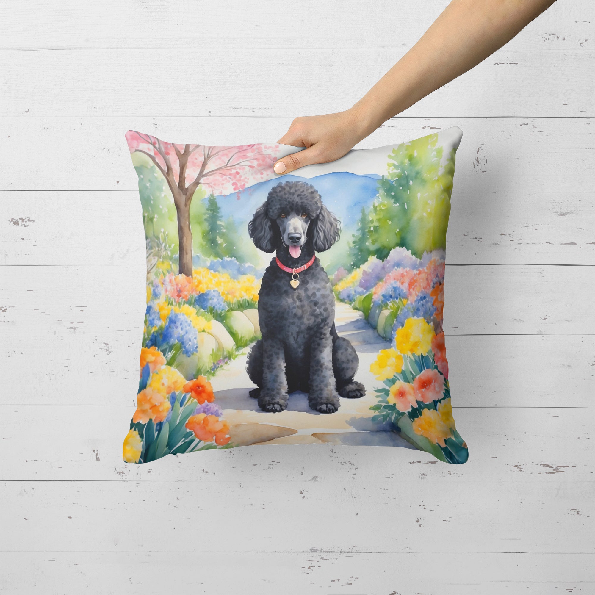 Black Poodle Spring Path Throw Pillow