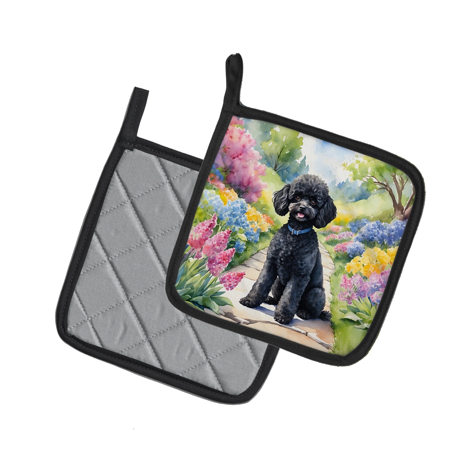 Black Poodle Spring Path Pair of Pot Holders