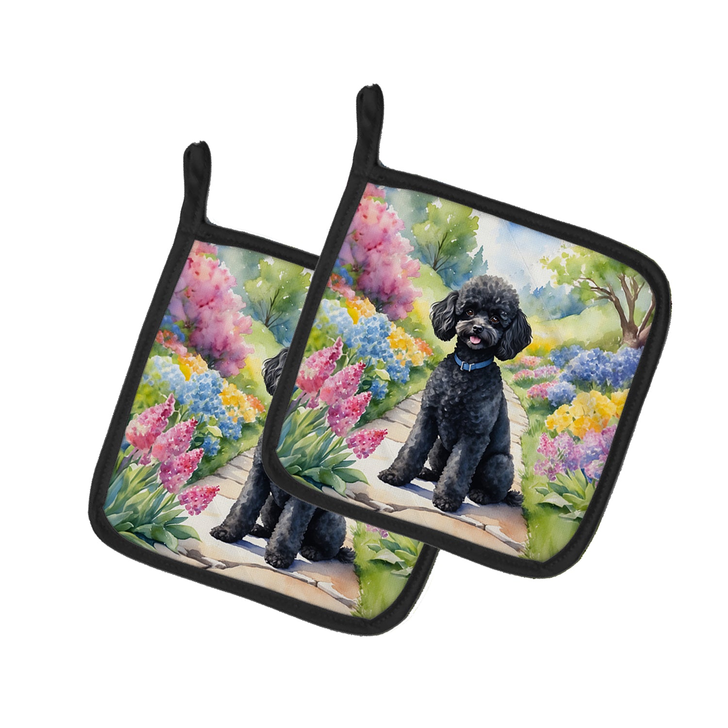 Buy this Black Poodle Spring Path Pair of Pot Holders