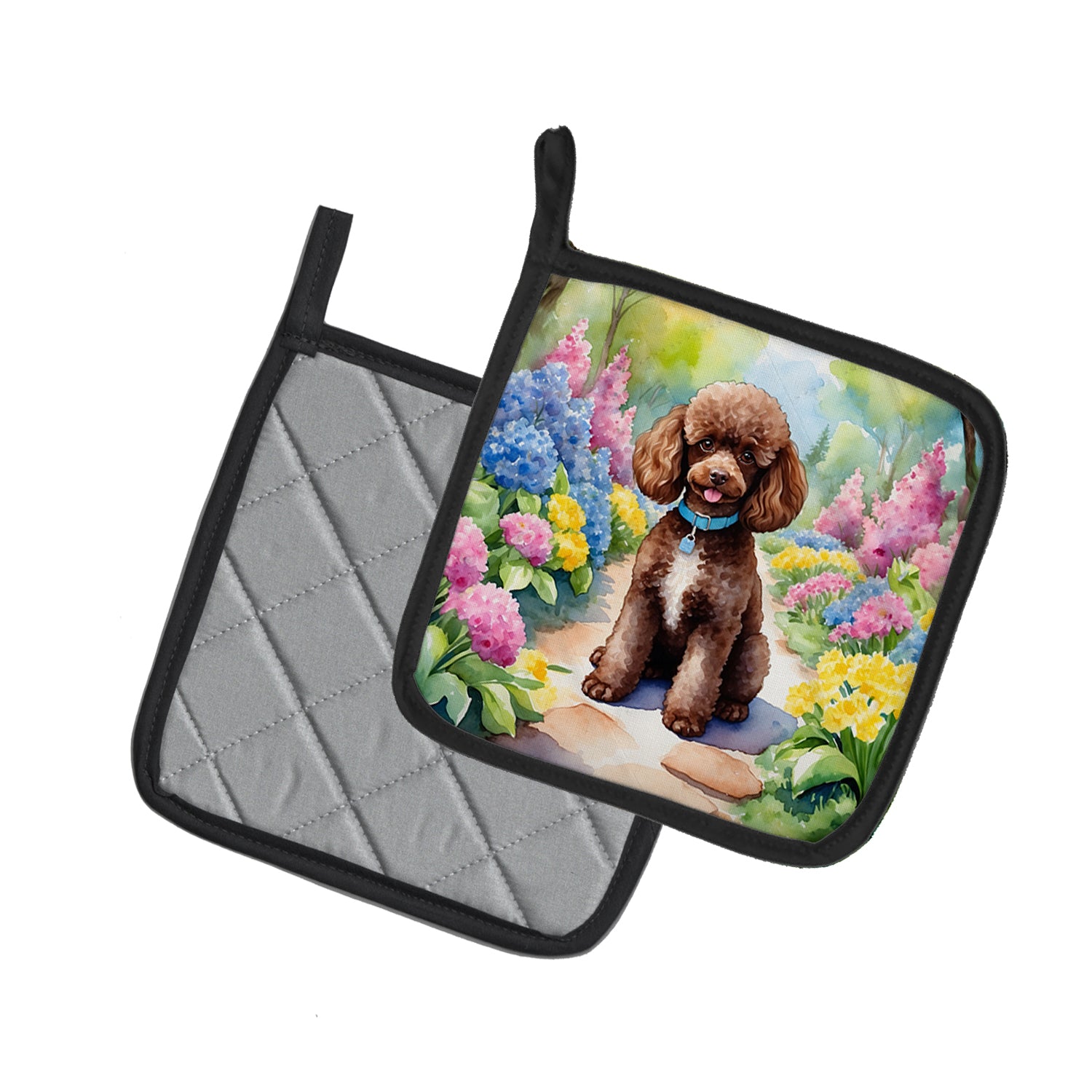 Chocolate Poodle Spring Path Pair of Pot Holders